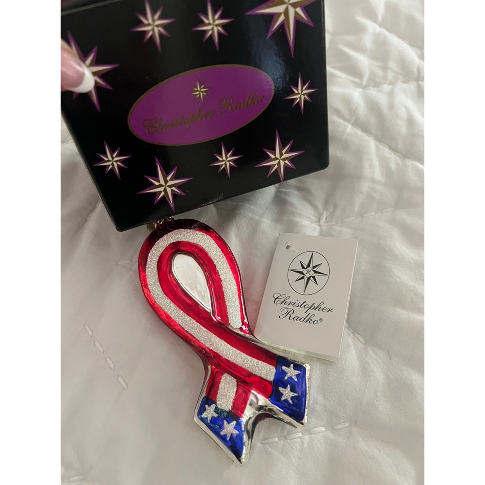 Christopher Radko United for Freedom Ribbon Ornament Patriotic American Flag Box